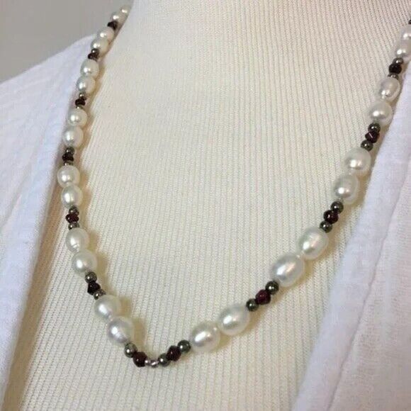 Handmade Baroque Pearl Necklace White Cultured Pearls Toggle Close Red Beads - Picture 1 of 8
